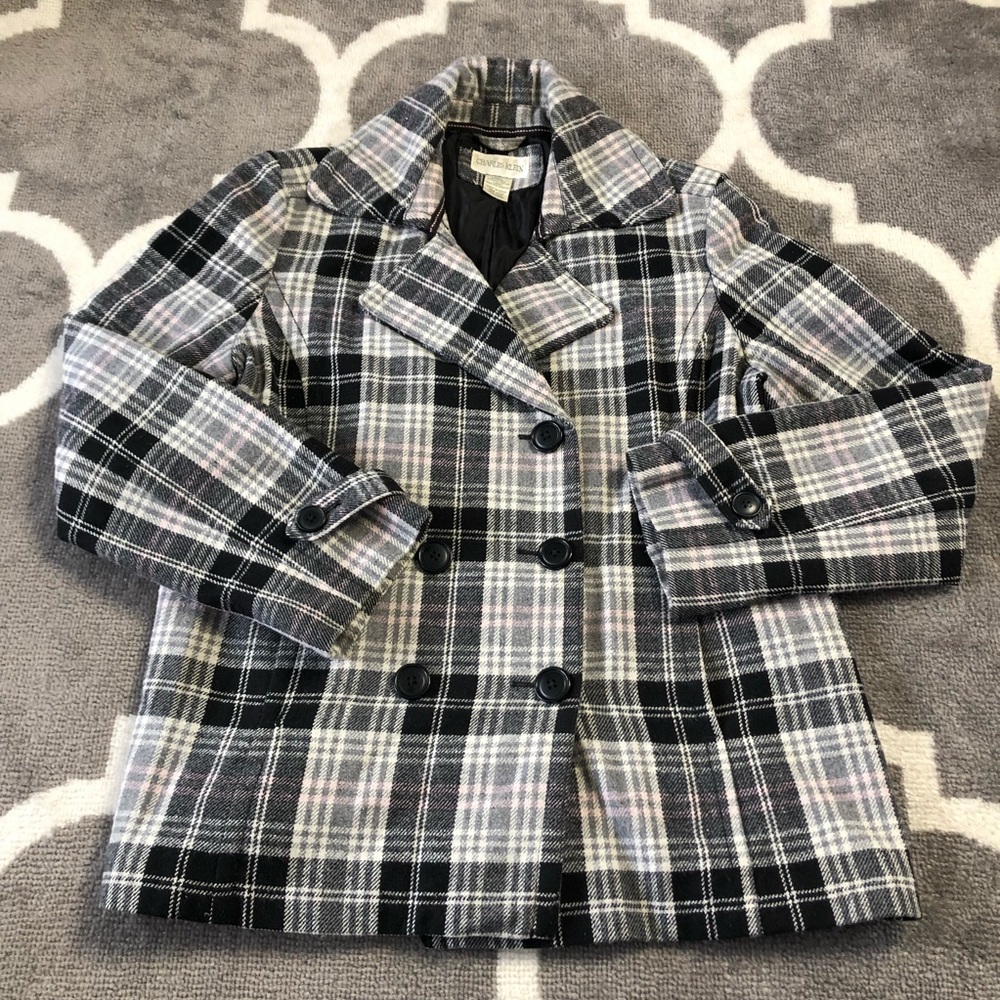 Charles Klein Pea Coat Womens XL Wool Blend Plaid Black Gray